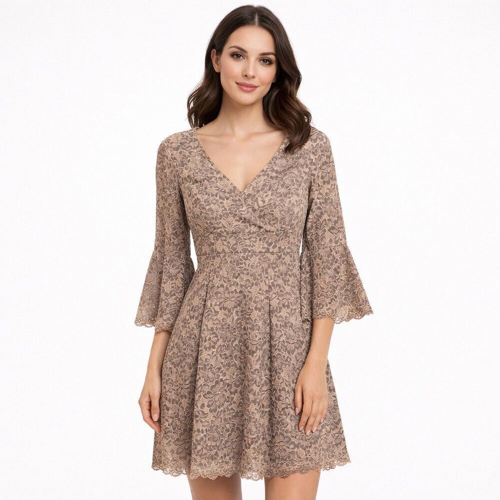 Eliza J Dress Womens 10 Beige Floral Lace Fit & Flare Bell Sleeve Party Wedding